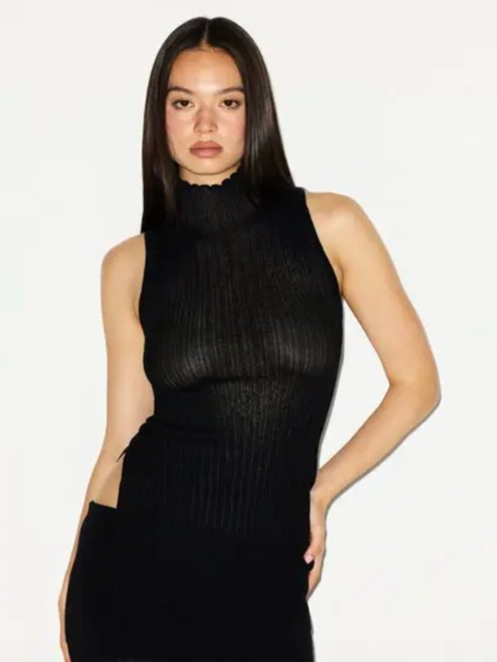 NEW SKIMS Sheer Knit Sleeveless Mock Neck Tunic XL Onyx Black NWT